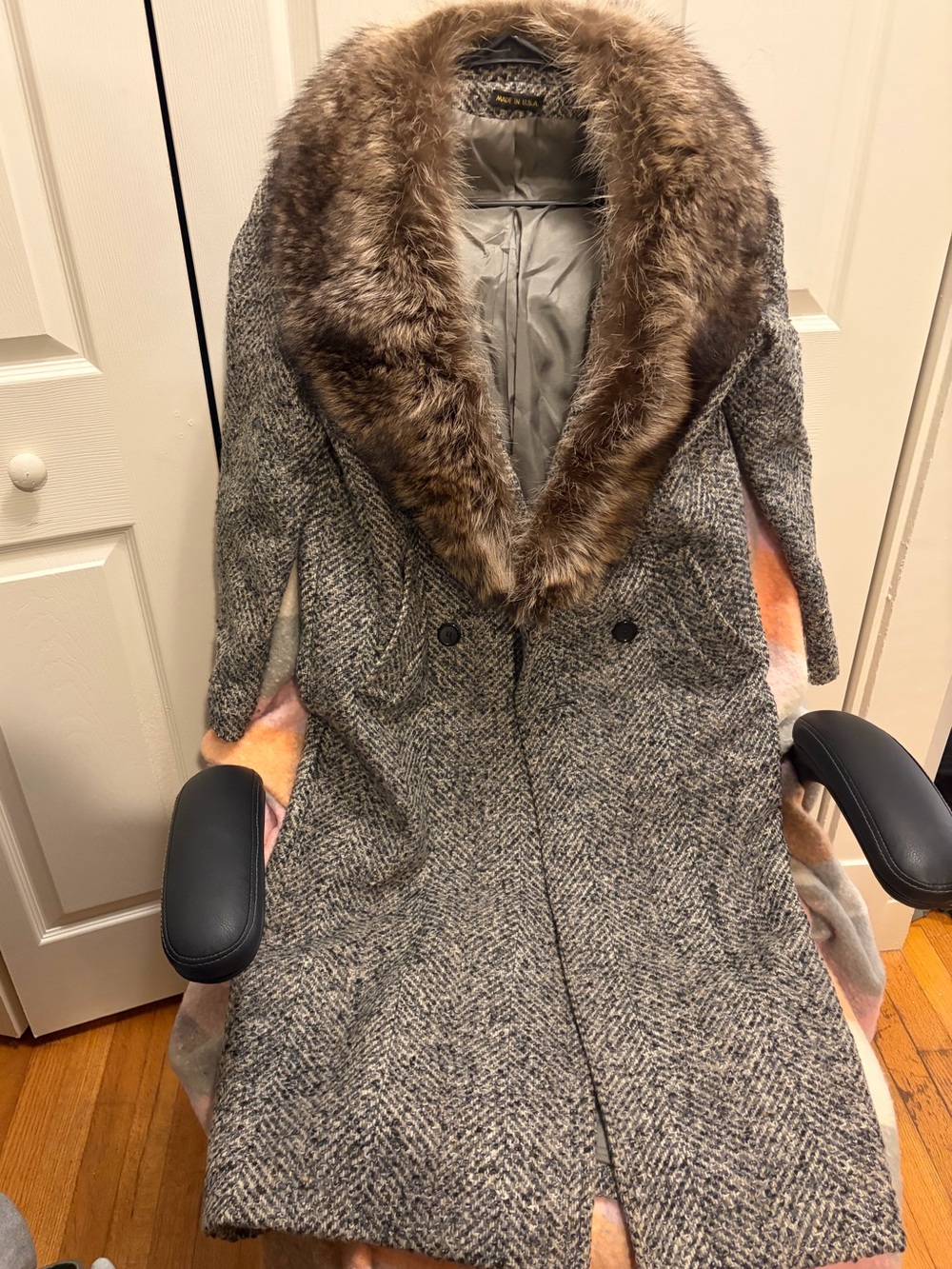 Women's Gray Herringbone Pea Coat with Faux Fur Collar